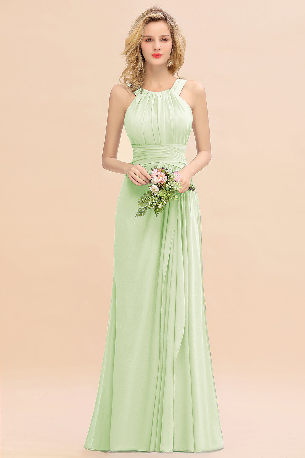 Sage Scoop Neck Chiffon A-Line Long Bridesmaid Dress