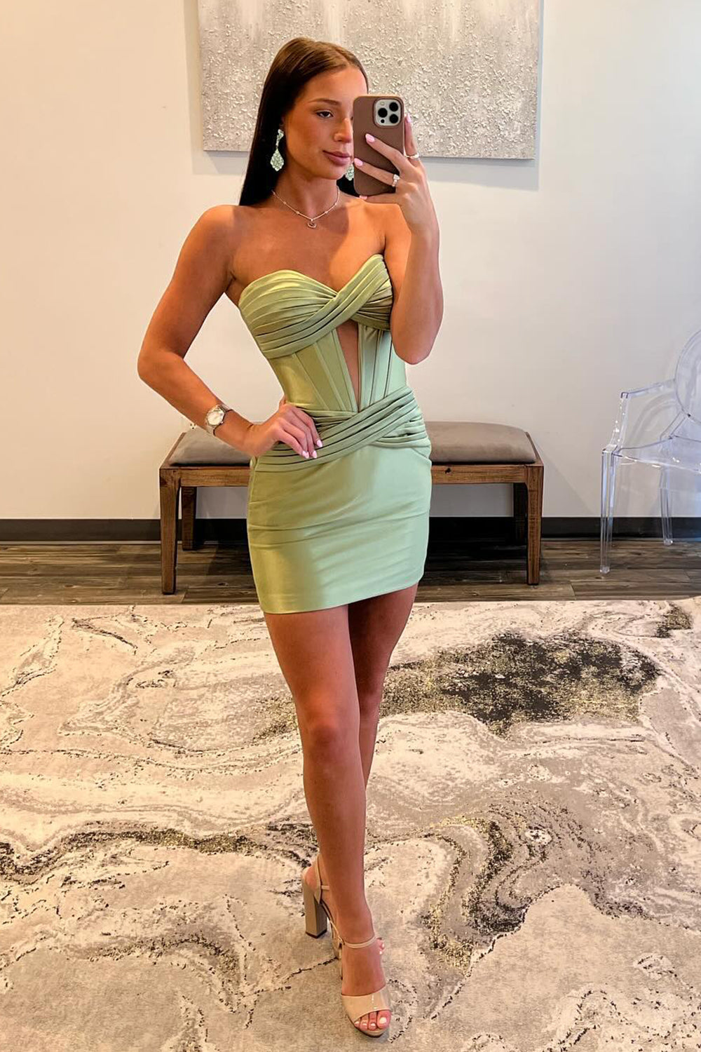 Sage Sweetheart Bodycon Homecoming Dress with Ruching