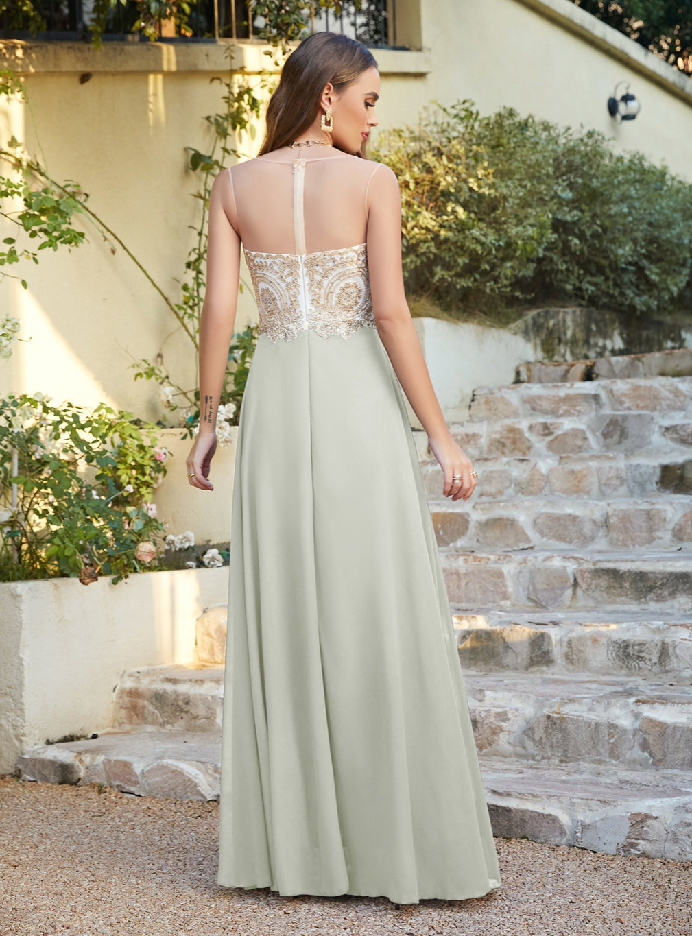 Sage Sweetheart Chiffon A-Line Long Bridesmaid Dress Back View