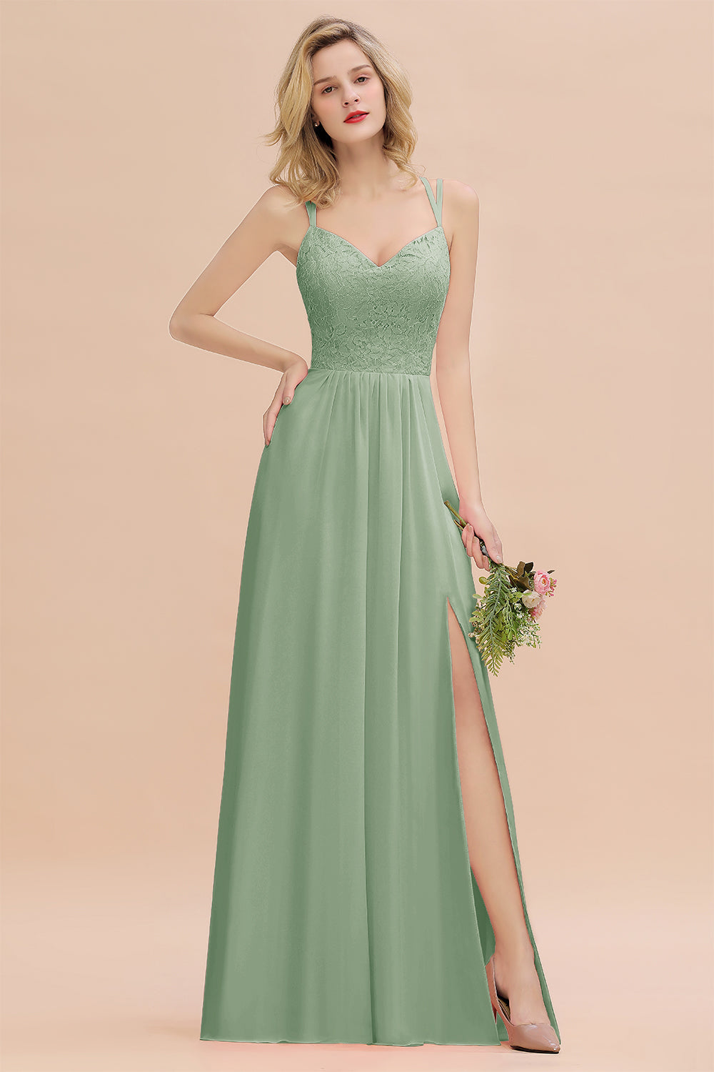Sage Sweetheart Chiffon A-Line Long Bridesmaid Dress with Slit