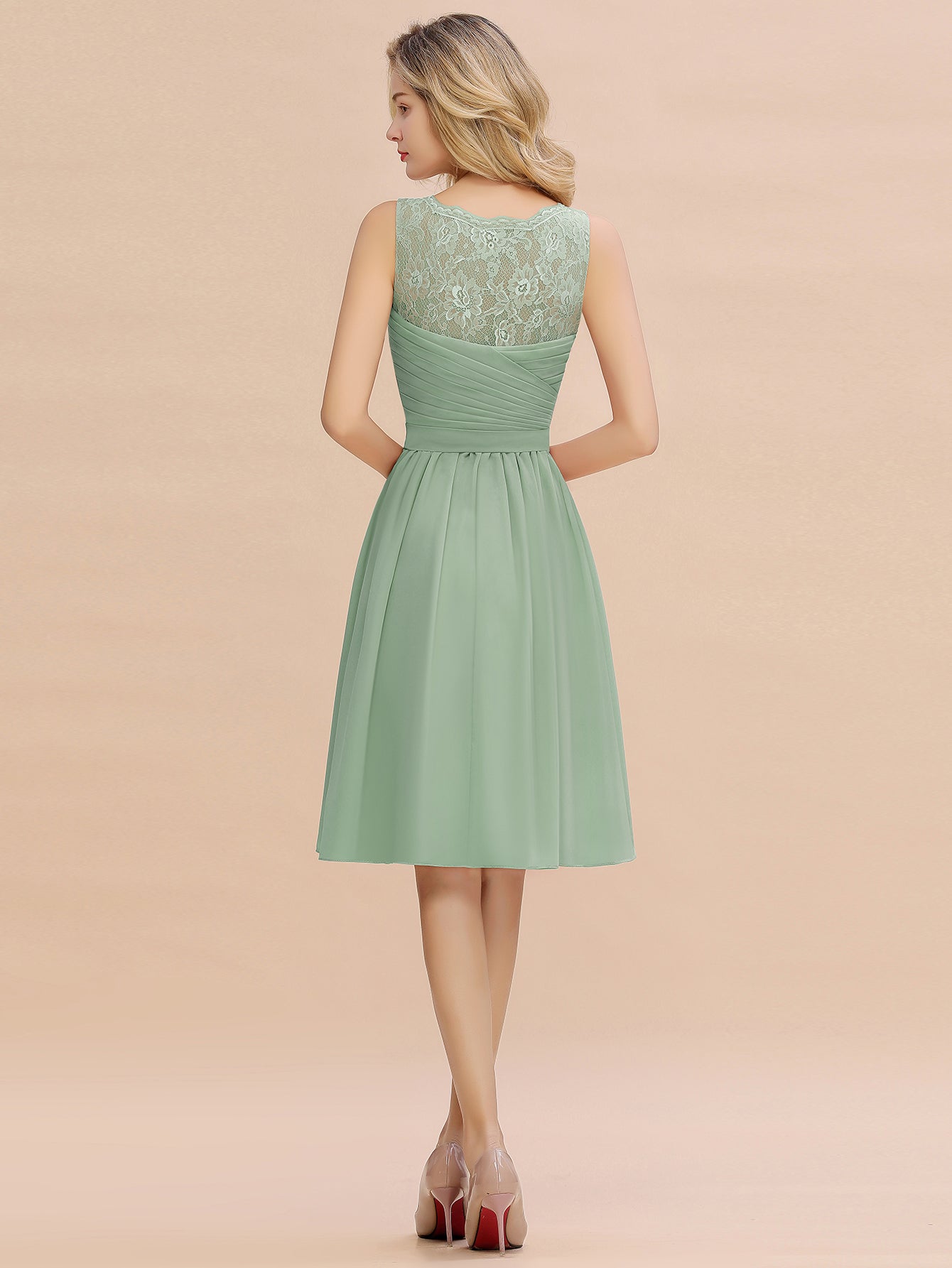 Sage V-Neck Chiffon A-Line Bridesmaid Dress with Lace Appliques Back View