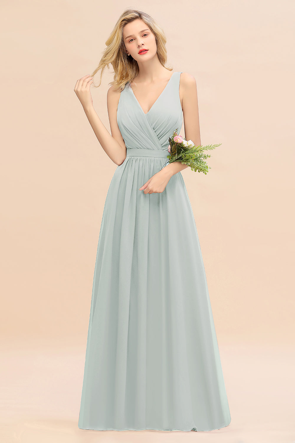 Sage V-Neck Chiffon A-Line Long Bridesmaid Dress with Ruching