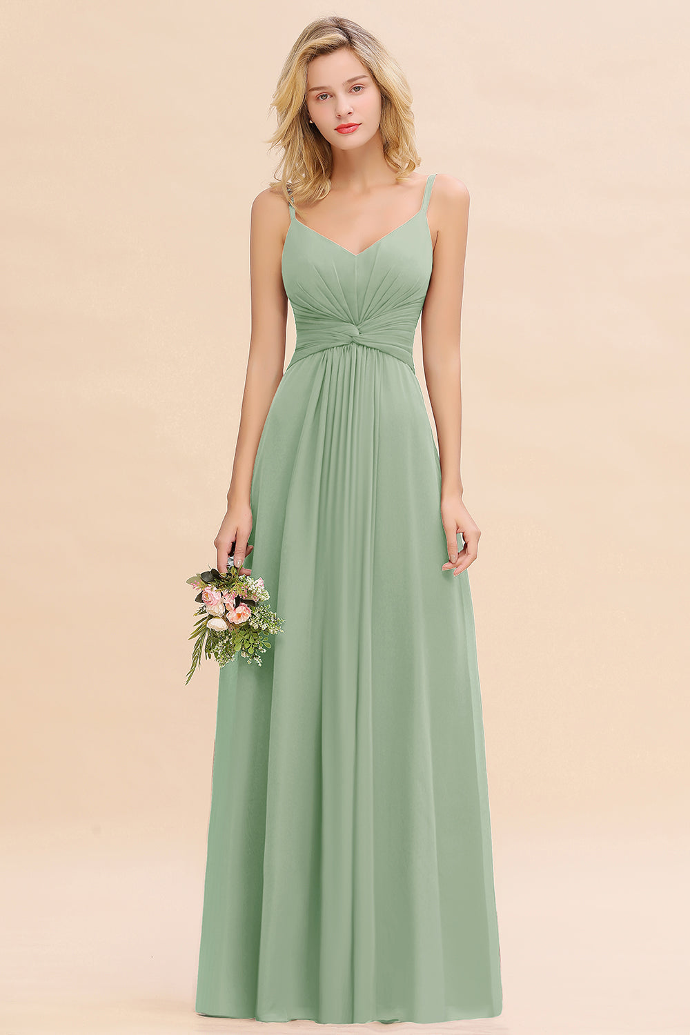 Sage V-Neck Chiffon A-Line Long Bridesmaid Dress with Ruching