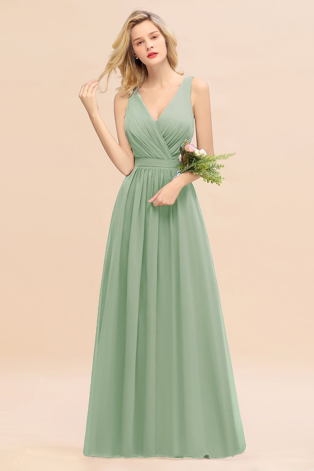 Sage V-Neck Chiffon A-Line Long Bridesmaid Dress with Ruching