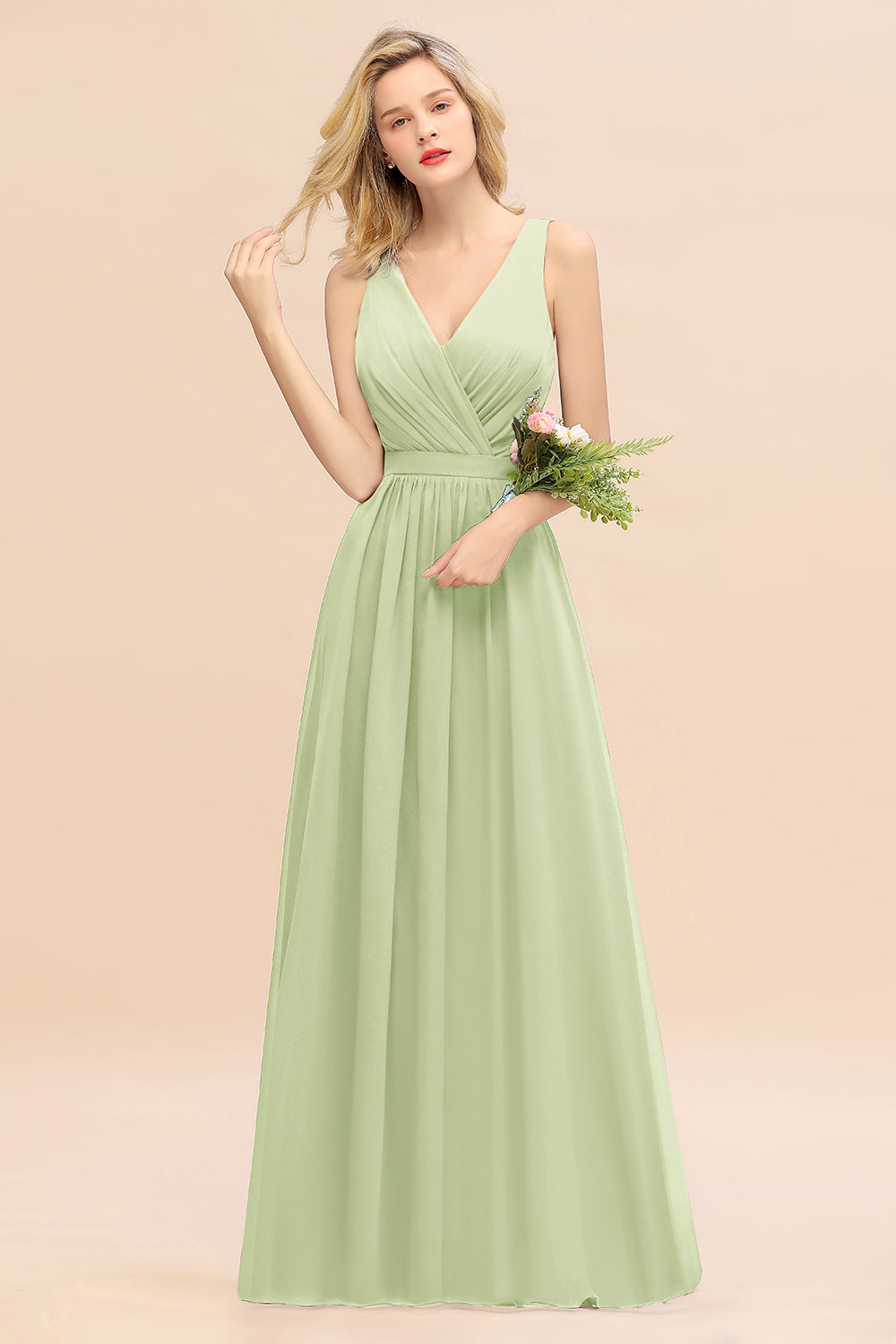Sage V-Neck Chiffon A-Line Long Bridesmaid Dress with Ruching