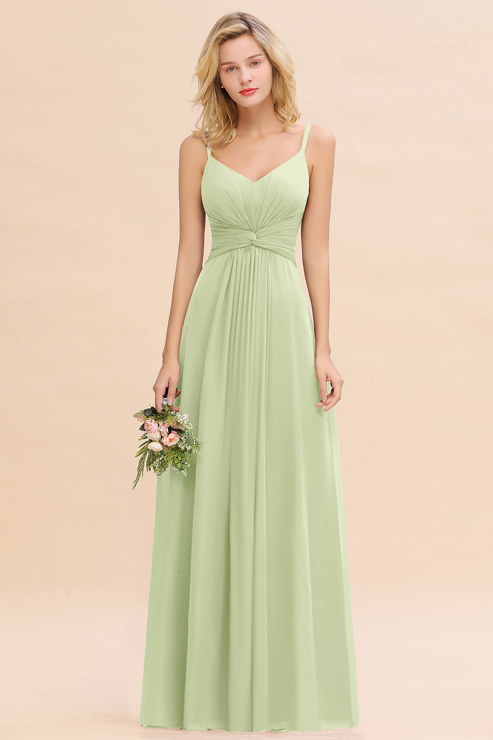 Sage V-Neck Chiffon A-Line Long Bridesmaid Dress with Ruching