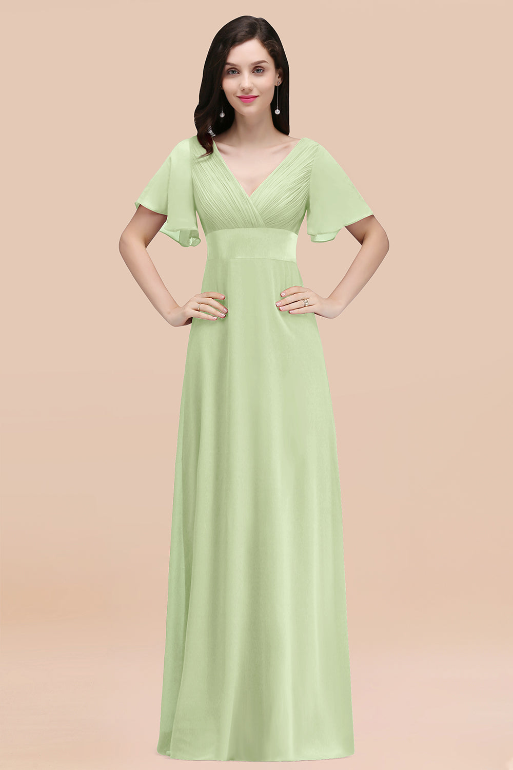 Sage V-Neck Chiffon Empire Long Bridesmaid Dress with Pleats