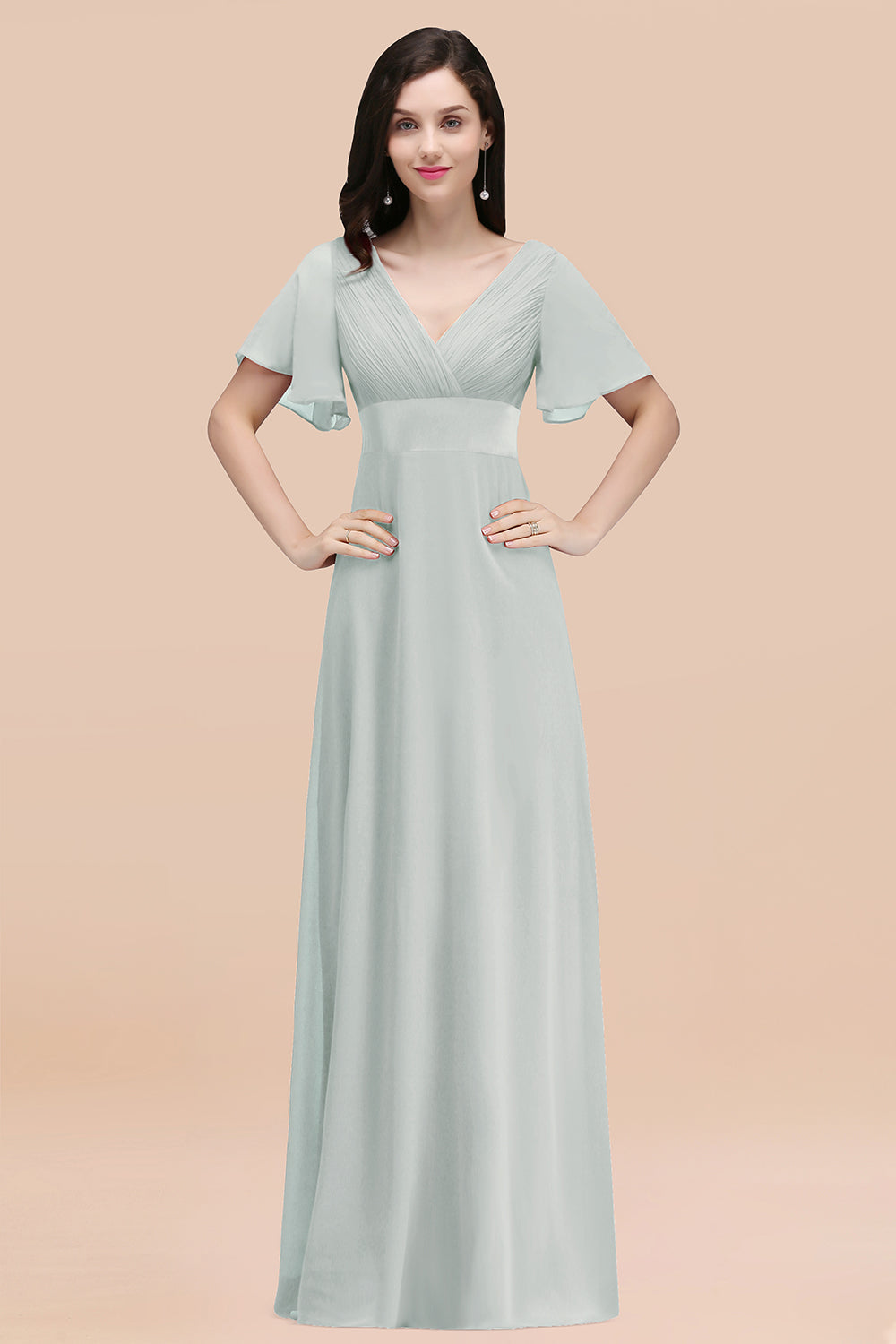 Sage V-Neck Chiffon Empire Long Bridesmaid Dress with Pleats