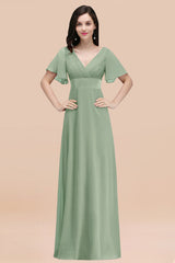 Sage V-Neck Chiffon Empire Long Bridesmaid Dress with Pleats