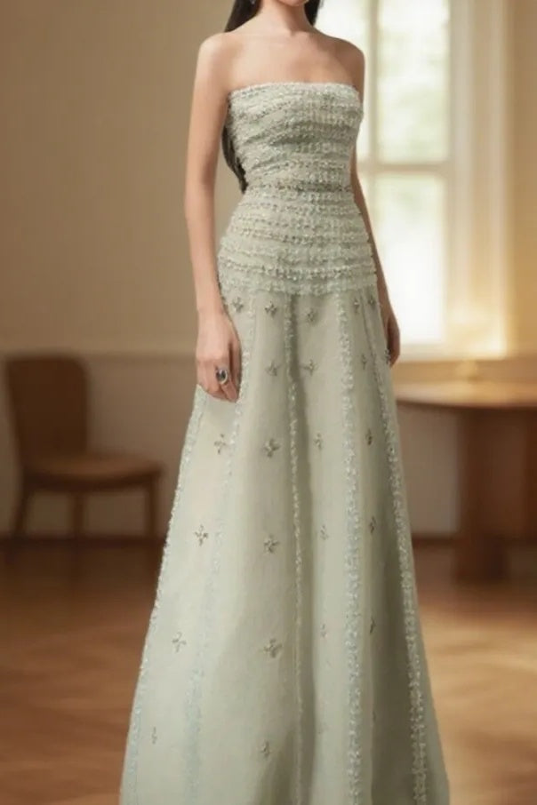 27Dress Sage Green Strapless A Line Sleeveless Prom Dress with Appliques