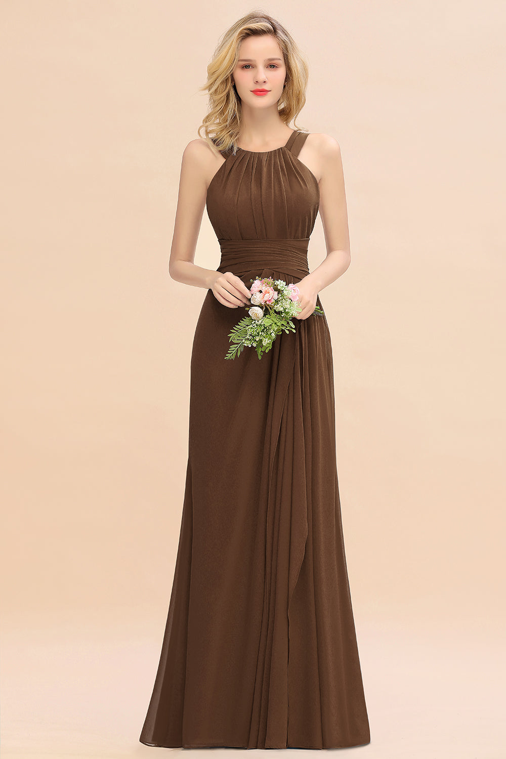 Scoop Neck Chiffon A-Line Long Bridesmaid Dress