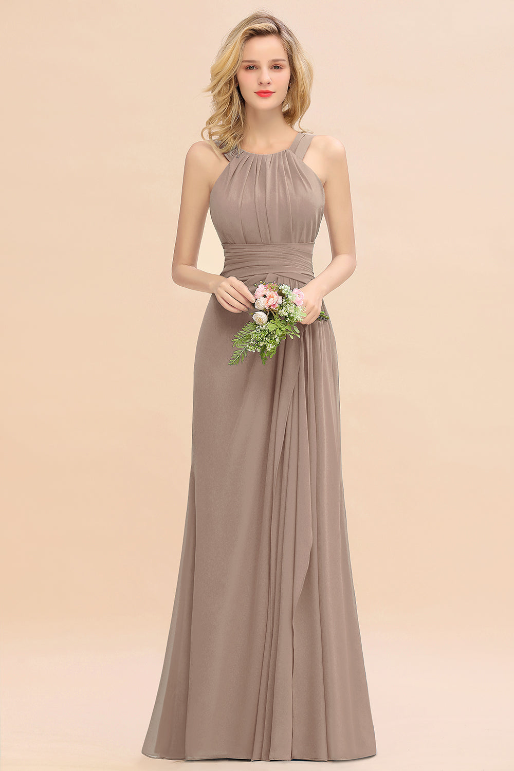 Scoop Neck Chiffon A-Line Long Bridesmaid Dress