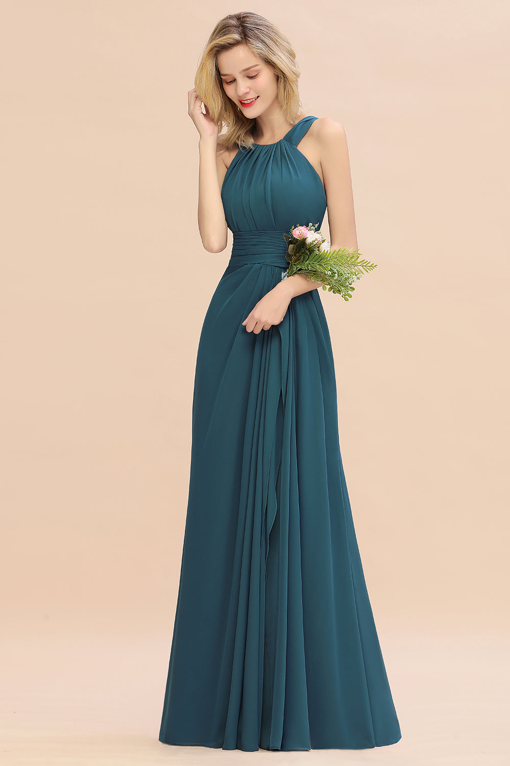Scoop Neck Chiffon A-Line Long Bridesmaid Dress