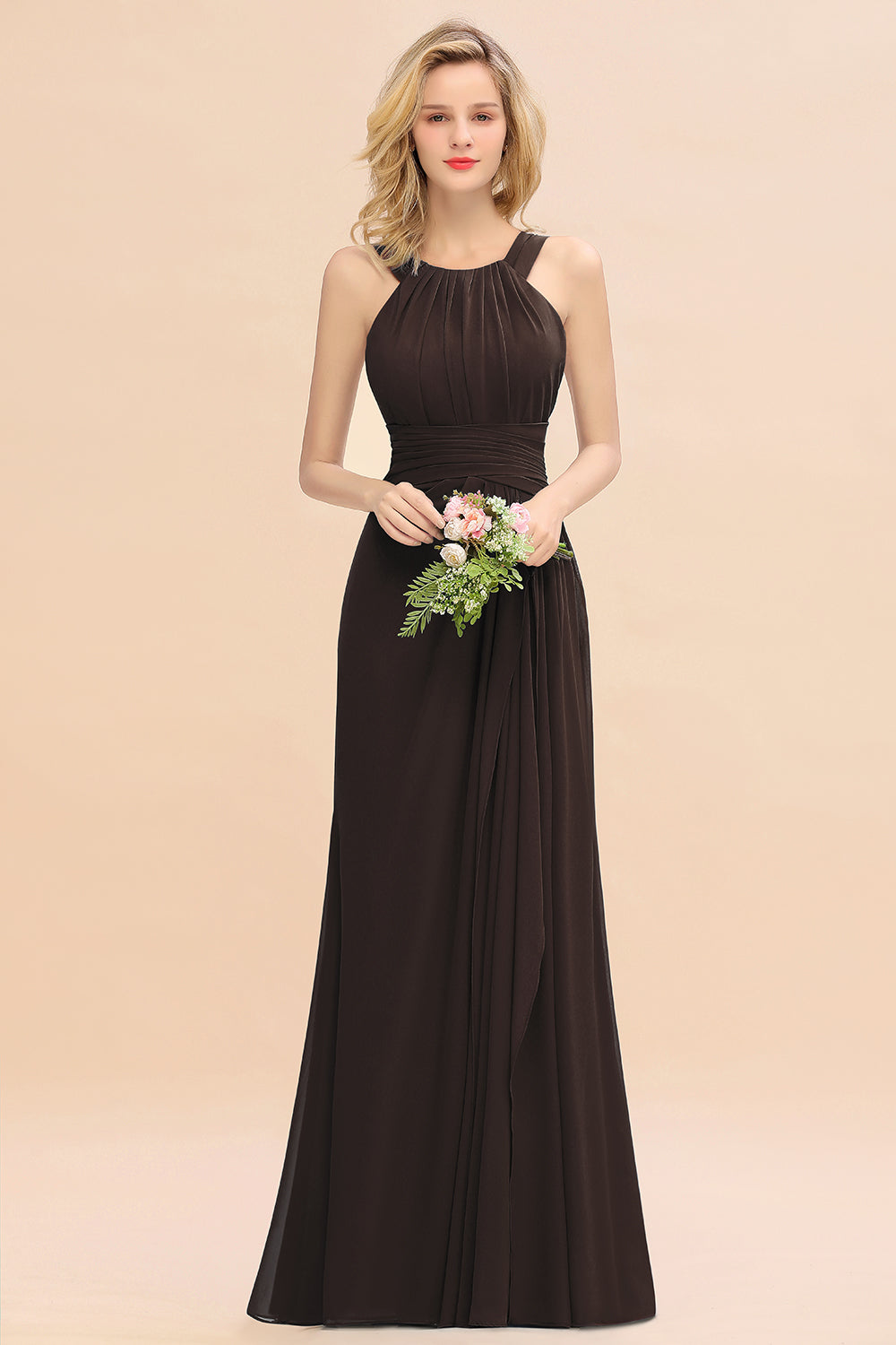 Scoop Neck Chiffon A-Line Long Bridesmaid Dress