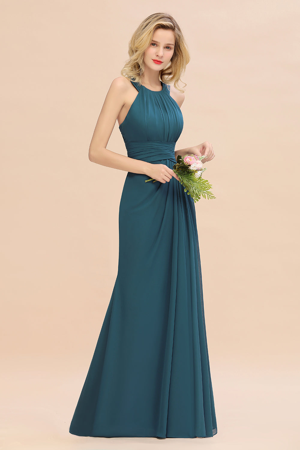 Scoop Neck Chiffon A-Line Long Bridesmaid Dress Side View