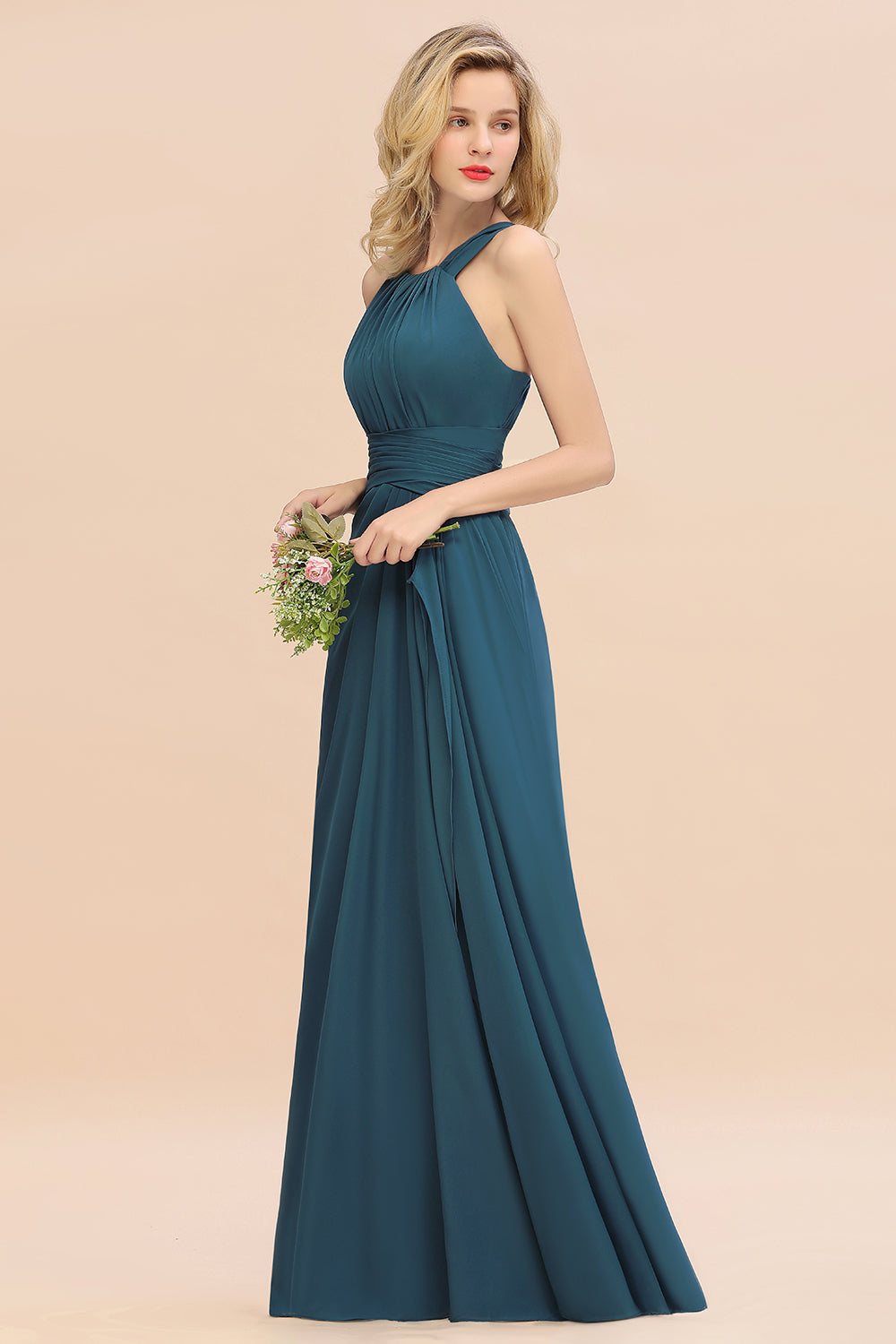 Scoop Neck Chiffon A-Line Long Bridesmaid Dress Side View