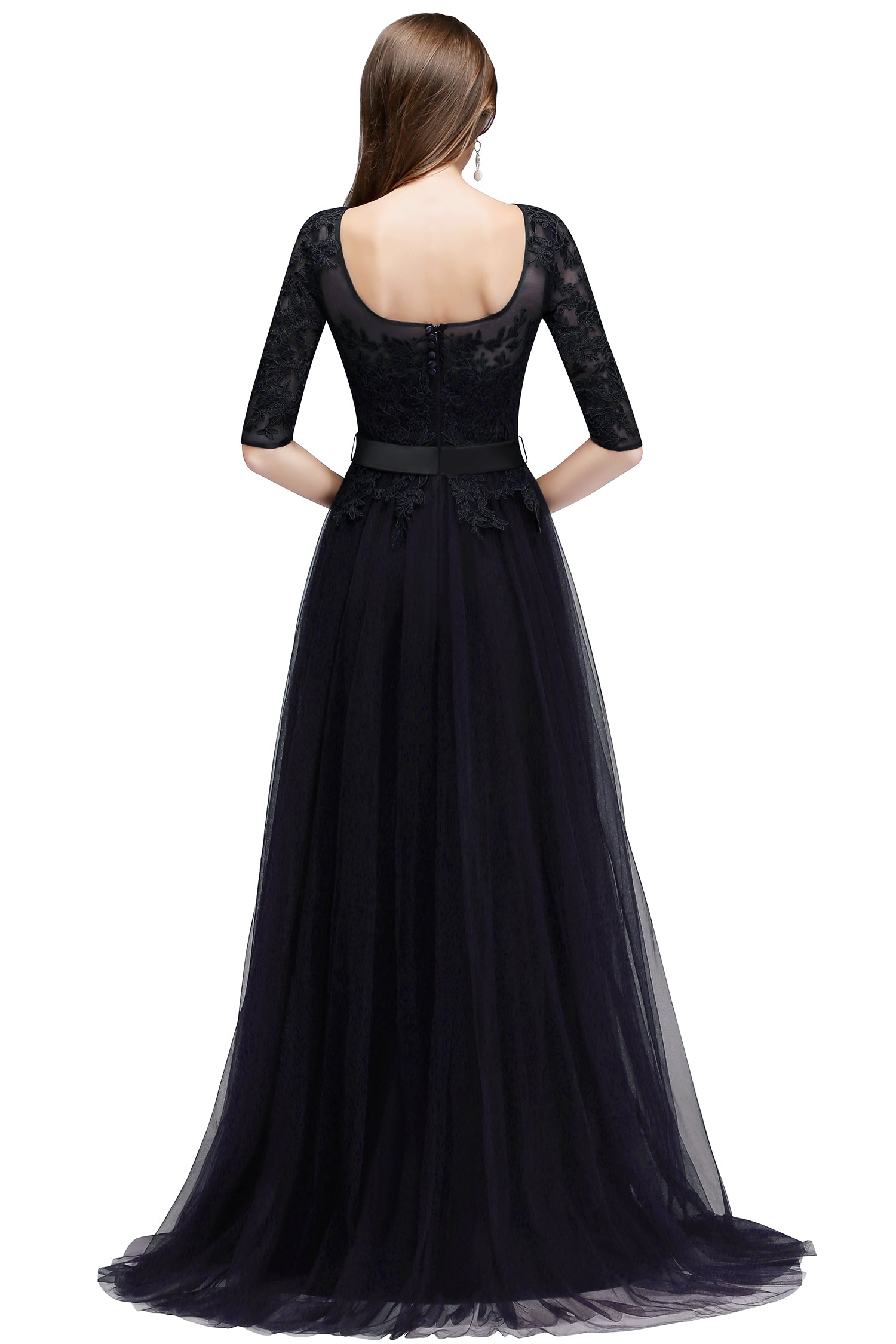 Scoop Neck Tulle A-Line Long Bridesmaid Dress Back View