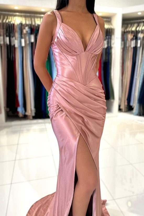 Glamorous Mermaid V-neck Satin Long Front Slit Prom Dress with Ruffles