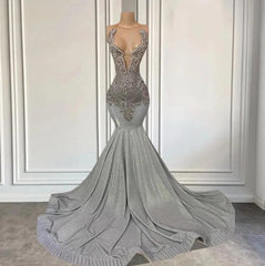 Silver Long Mermaid Halter V-Neck Prom Dress Sleeveless Sweep Train With Beadings Crystal