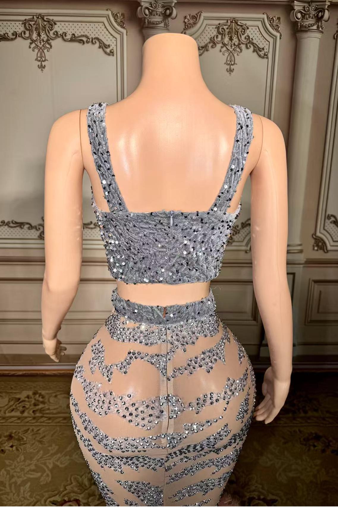 Silver Deep V-Neck Sequin Mermaid Long Evening Dress with Beading Back Detail