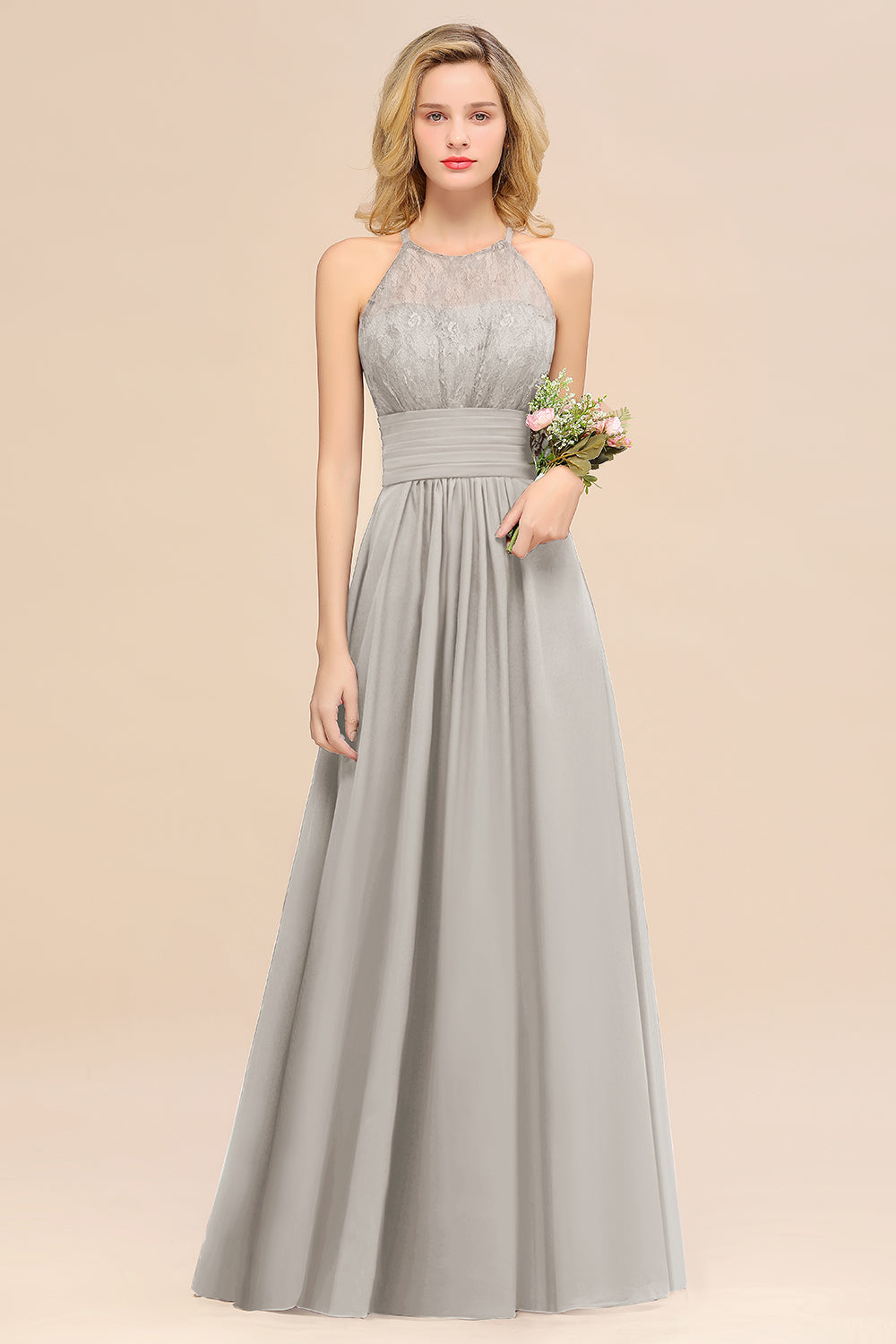 Silver Halter Chiffon A-Line Long Bridesmaid Dress