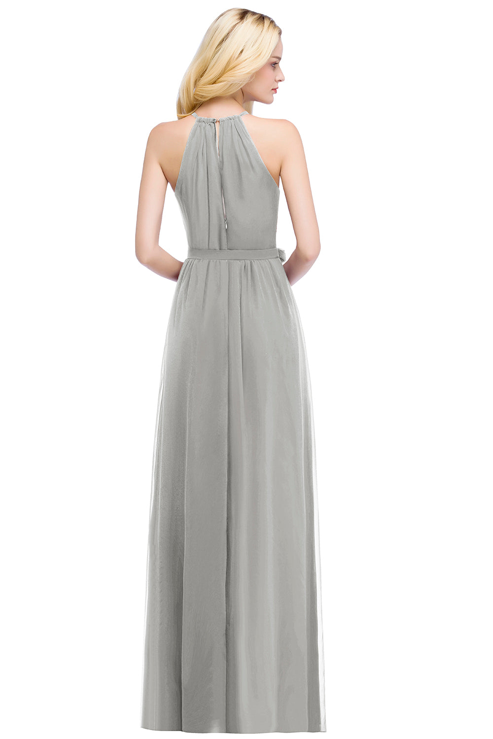 Silver Halter Chiffon A-Line Long Bridesmaid Dress with Bow Back View