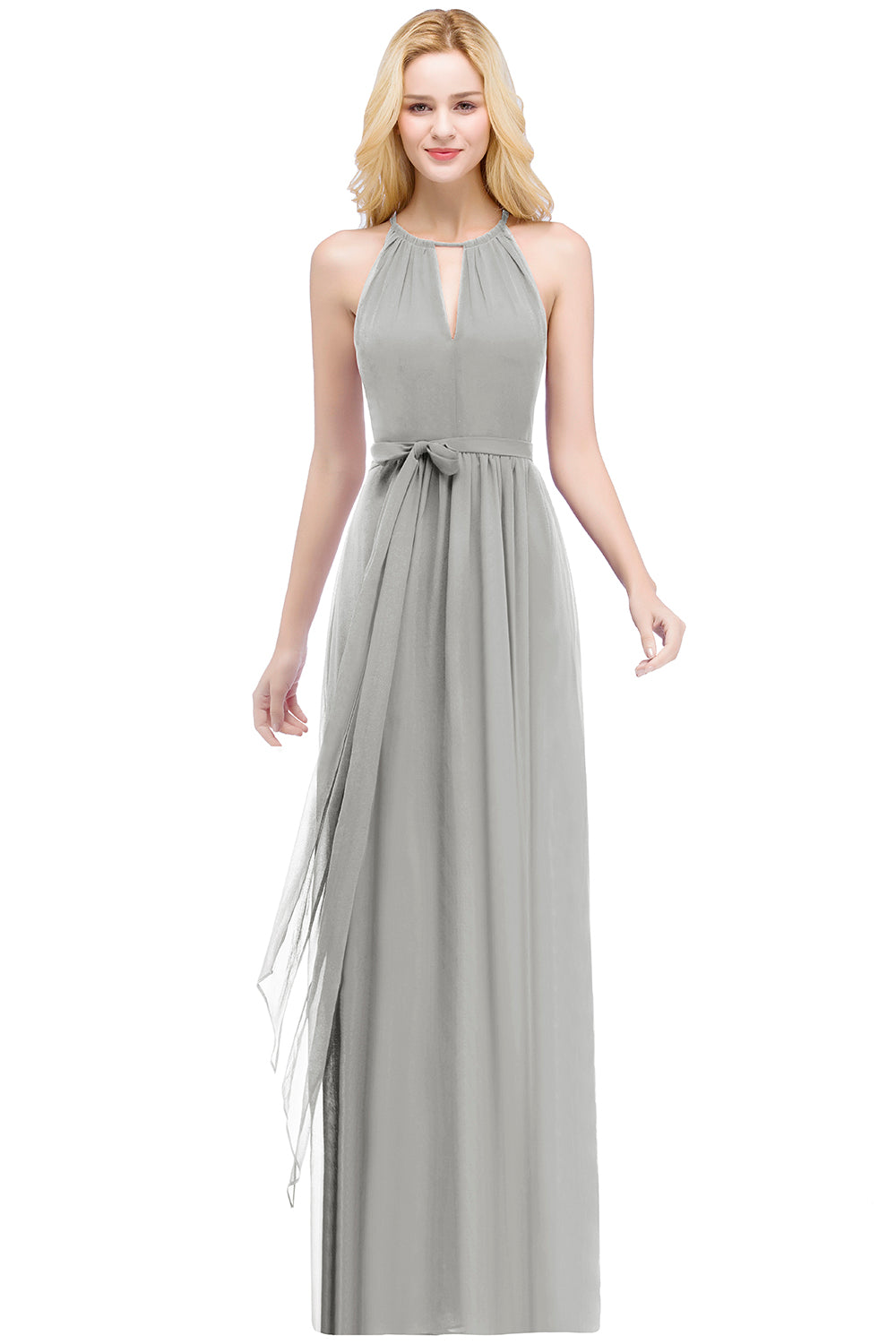Silver Halter Chiffon A-Line Long Bridesmaid Dress with Bow