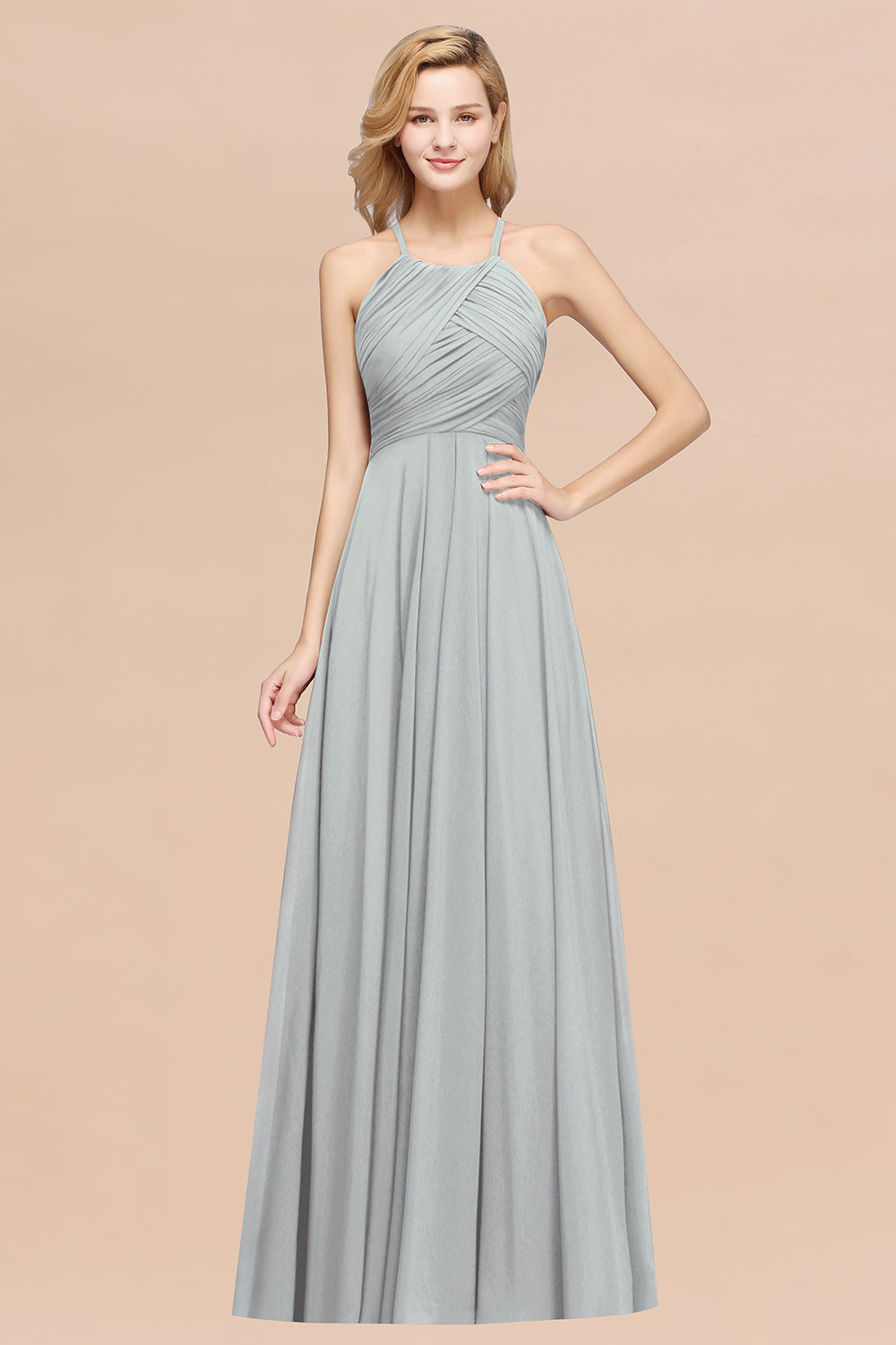 Silver Halter Chiffon A-Line Long Bridesmaid Dress with Ruching