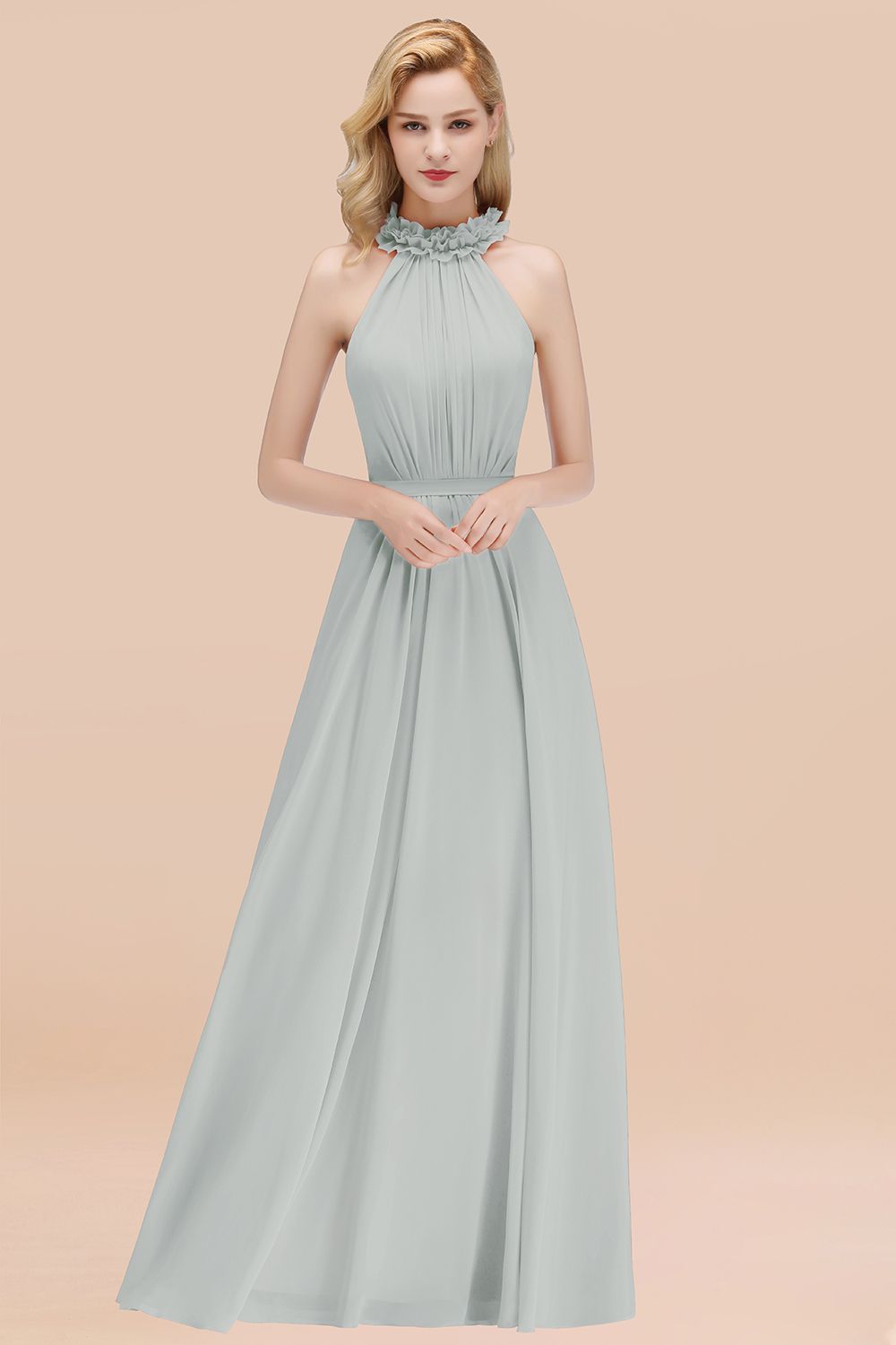 Silver High Neck Chiffon A-Line Long Bridesmaid Dress