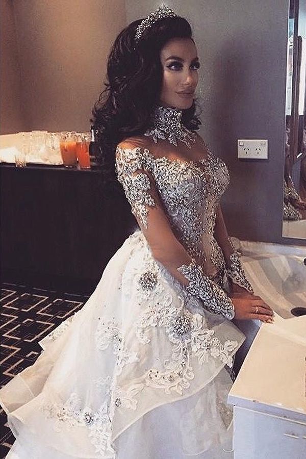 Silver High Neck Mermaid Chapel Train Wedding Dress with Lace Appliques and Long Sleeves Side View