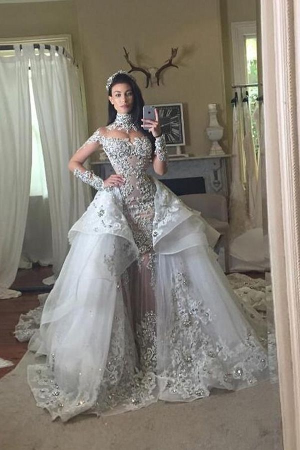 Silver High Neck Mermaid Chapel Train Wedding Dress with Lace Appliques and Long Sleeves