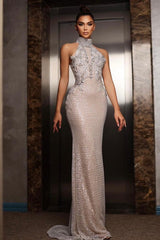 Silver High Neck Sequin Mermaid Long Evening Dress