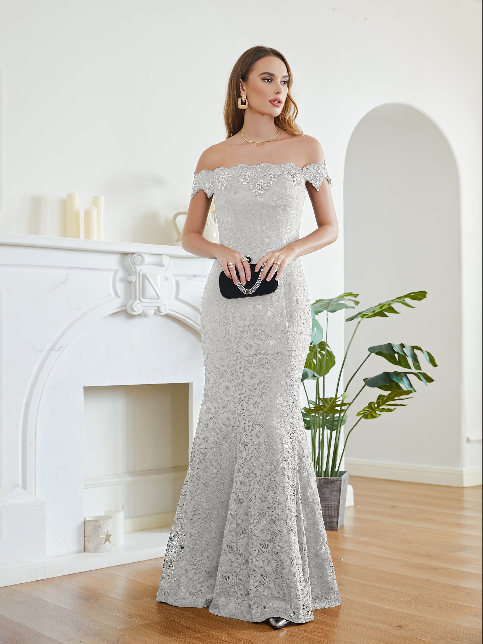 Silver Off The Shoulder Lace Mermaid Long Prom Dress