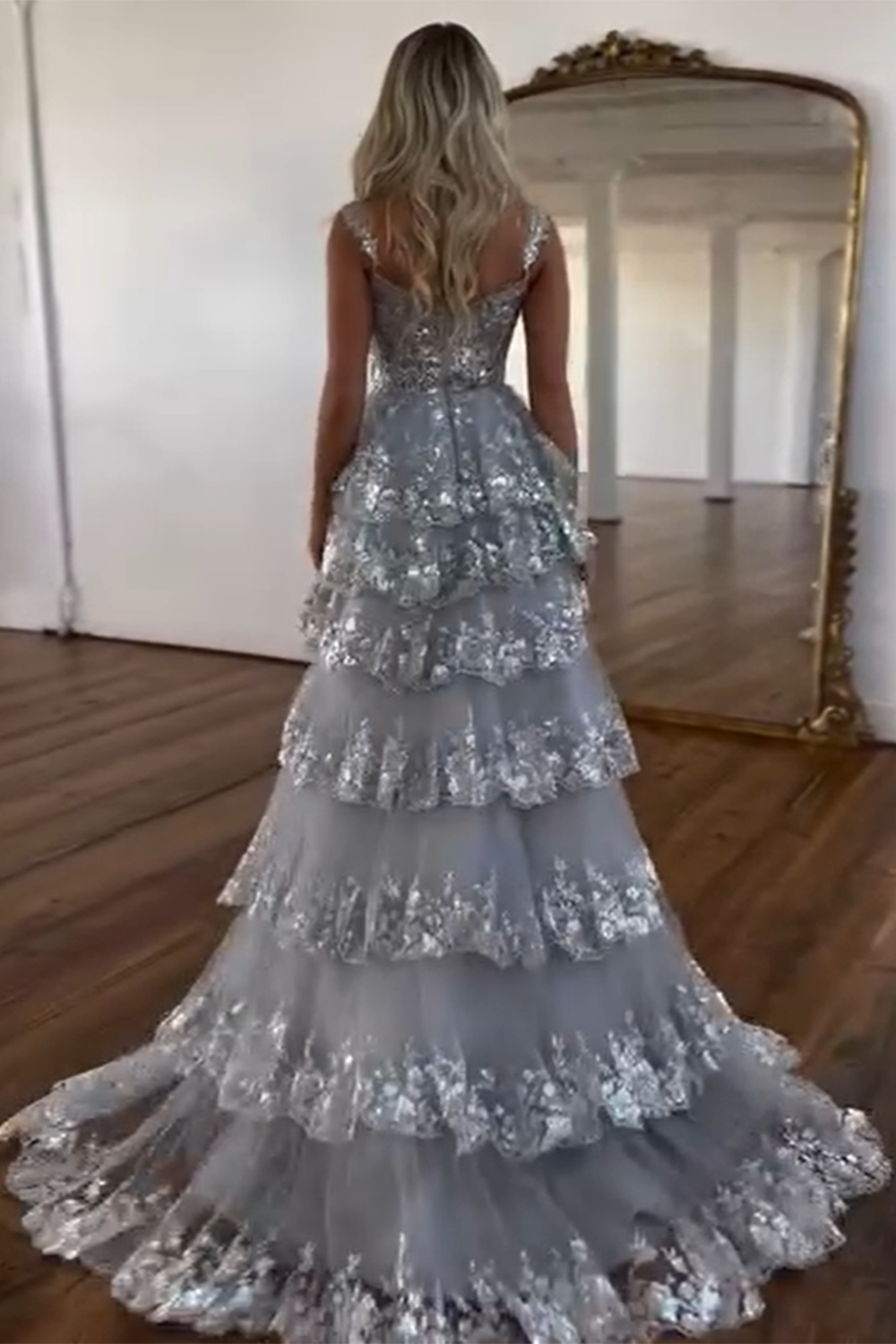 Silver Off The Shoulder Tulle A-Line Long Prom Dress with Slit Back View