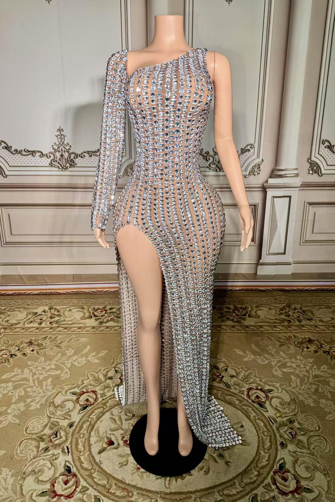 Silver One Shoulder Sheath Evening Dress with Long Sleeves and Slit