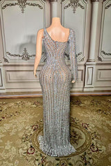 Silver One Shoulder Sheath Evening Dress with Long Sleeves and Slit Back View