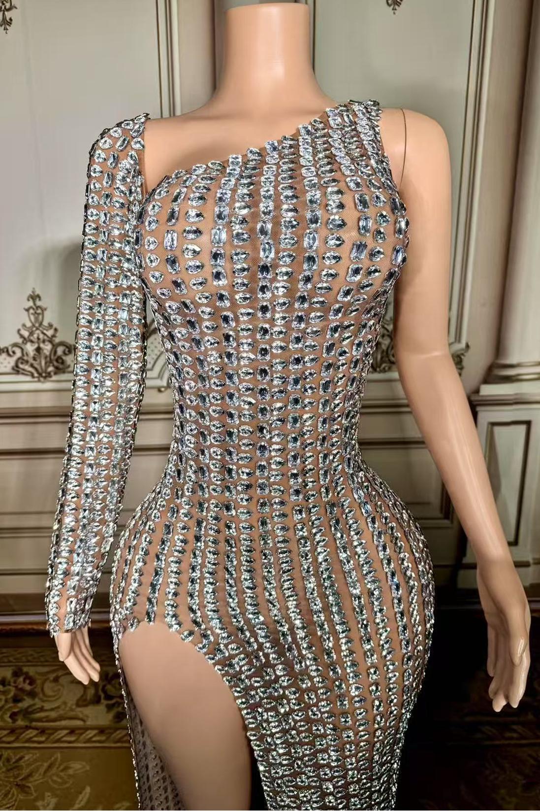 Silver One Shoulder Sheath Evening Dress with Long Sleeves and Slit Bodice Detail