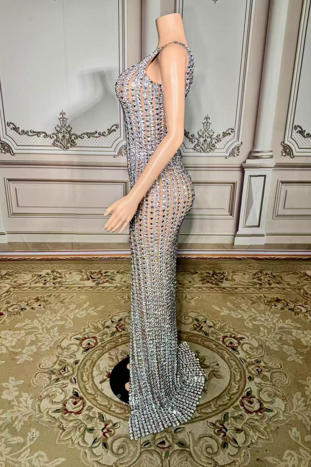 Silver One Shoulder Sheath Evening Dress with Long Sleeves and Slit Side View