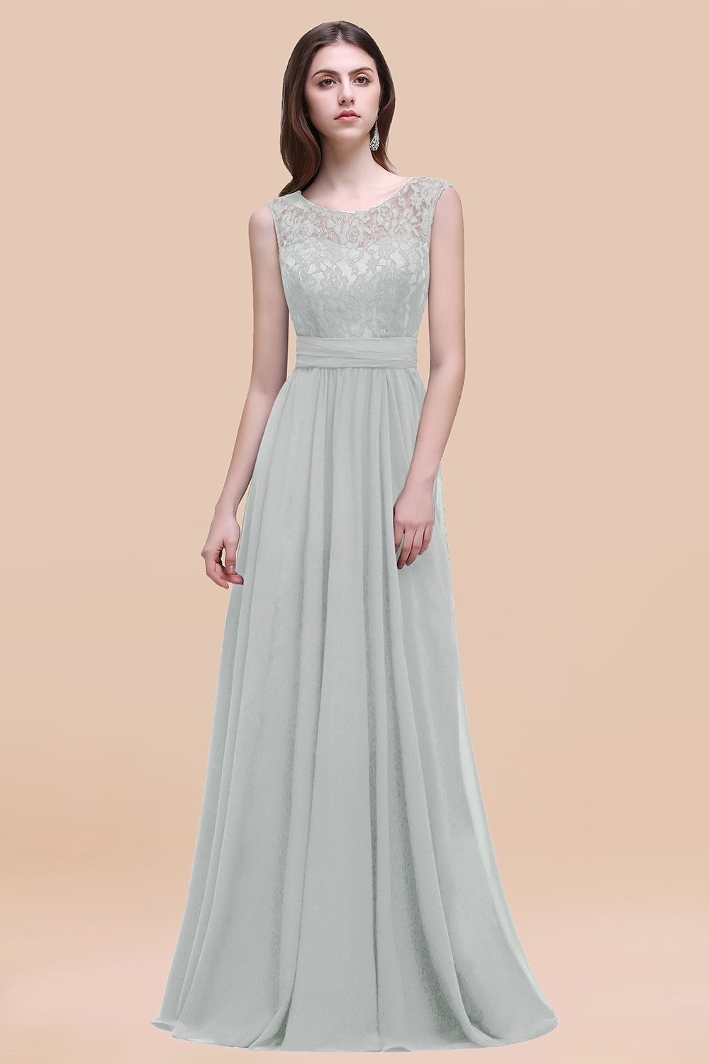 Silver Scoop Neck Chiffon A-Line Long Bridesmaid Dress