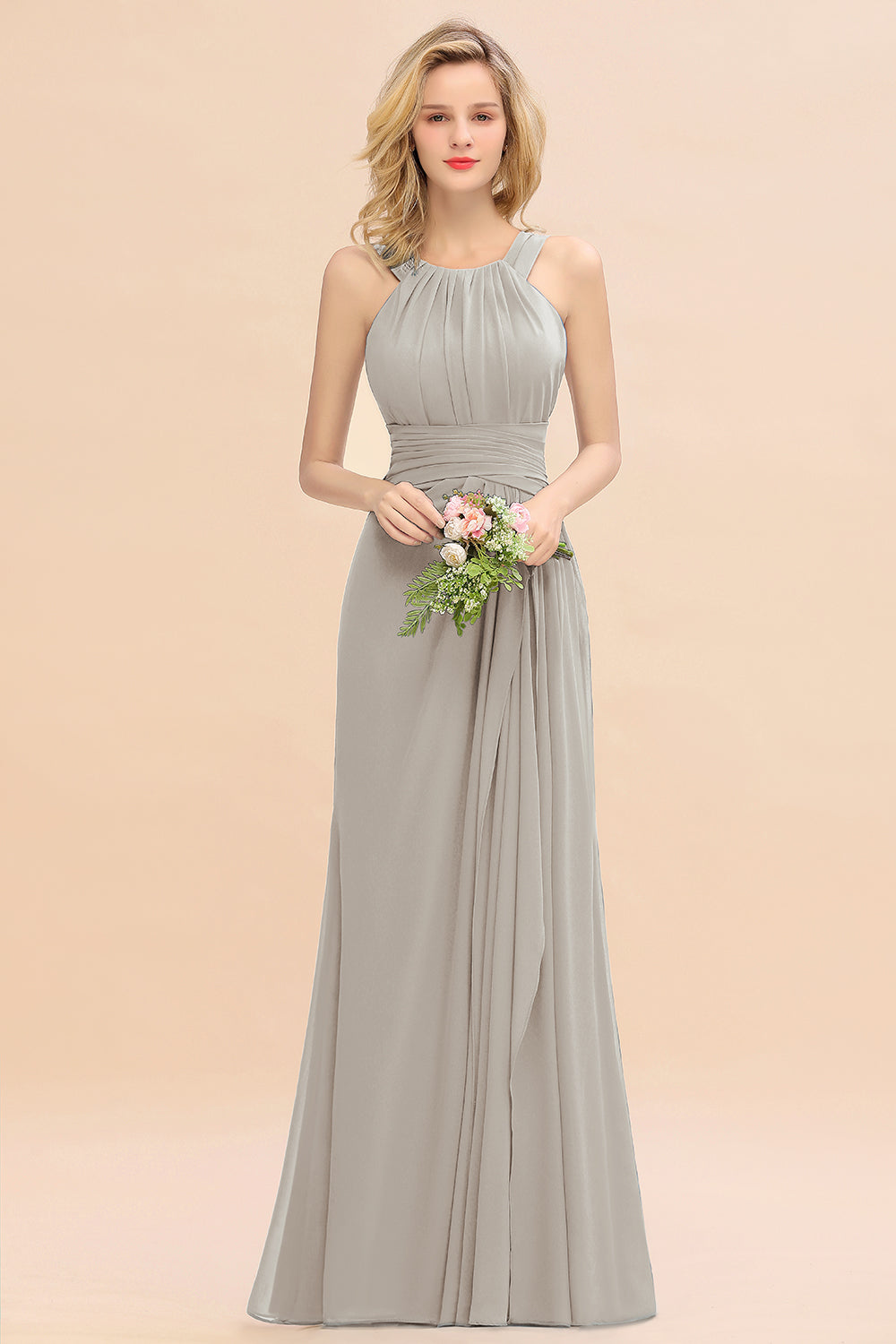 Silver Scoop Neck Chiffon A-Line Long Bridesmaid Dress