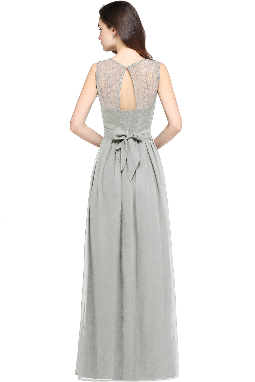 Silver Scoop Neck Chiffon A-Line Long Bridesmaid Dress Back View