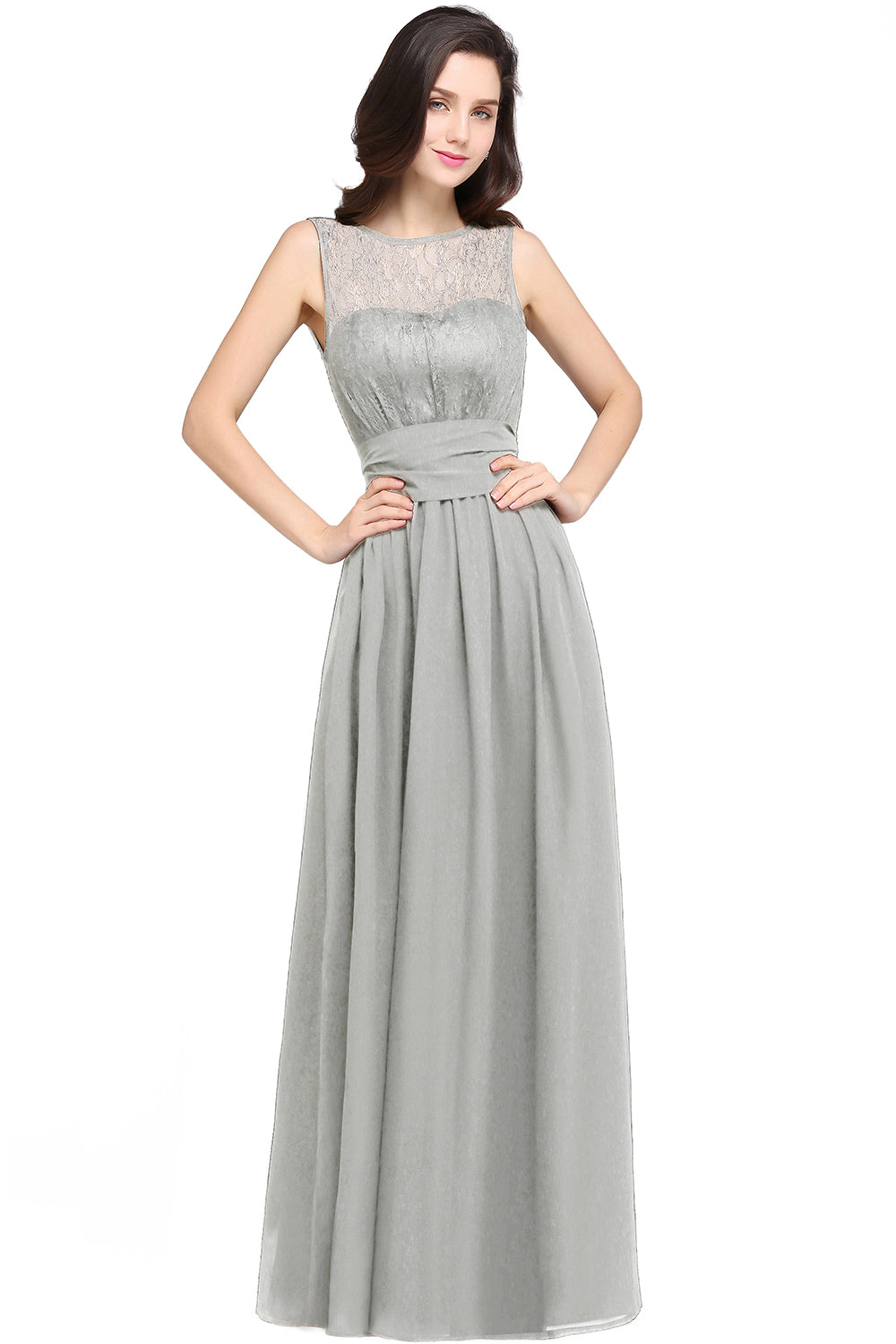 Silver Scoop Neck Chiffon A-Line Long Bridesmaid Dress