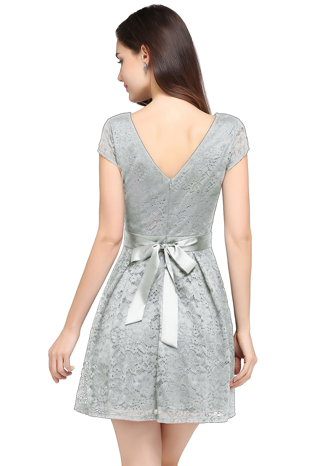 Silver Scoop Neck Lace A-Line Short Bridesmaid Dress Back View