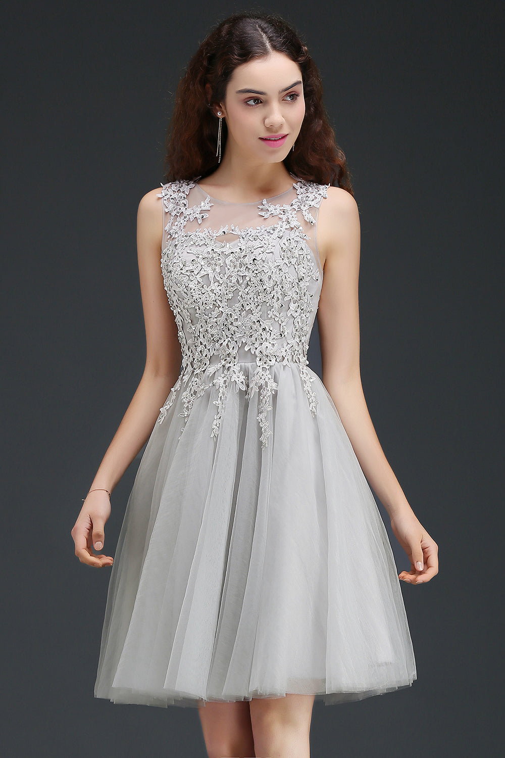 Silver Scoop Neck Tulle A-Line Bridesmaid Dress with Lace Appliques