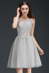 Silver Scoop Neck Tulle A-Line Bridesmaid Dress with Lace Appliques