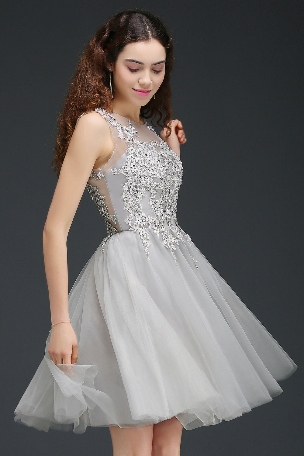 Silver Scoop Neck Tulle A-Line Bridesmaid Dress with Lace Appliques Side View