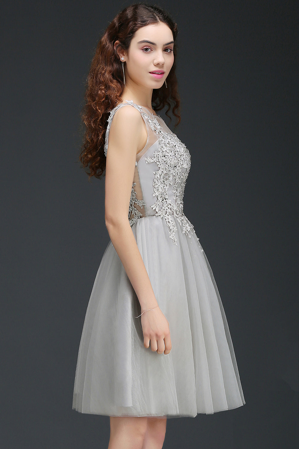 Silver Scoop Neck Tulle A-Line Bridesmaid Dress with Lace Appliques Side View
