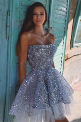 Silver Strapless Sequin A-Line Homecoming Dress with Ruffles