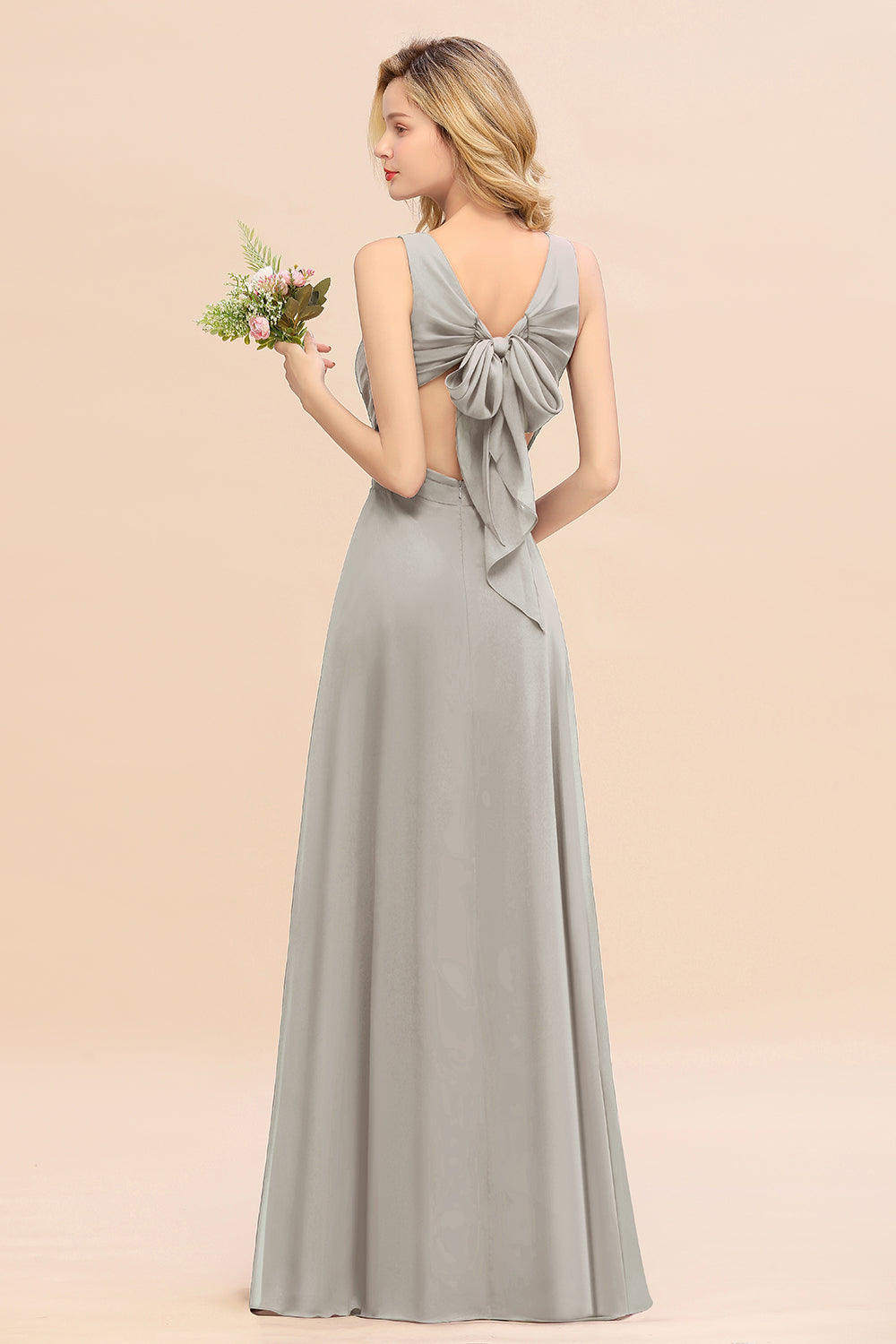 Silver V-Neck Chiffon A-Line Long Bridesmaid Dress with Ruching Back View