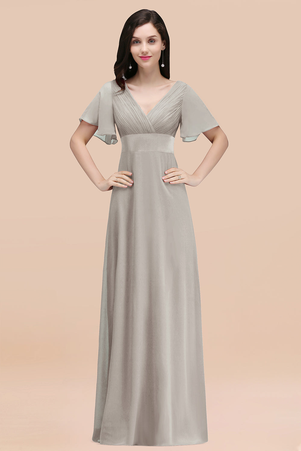 Silver V-Neck Chiffon Empire Long Bridesmaid Dress with Pleats
